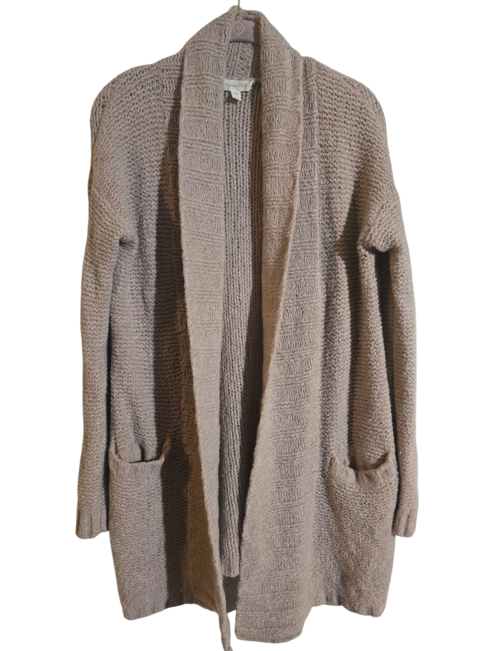 #344. Garnet Hill Cashere Taupe Open-Front Shawl Collar Cardigan